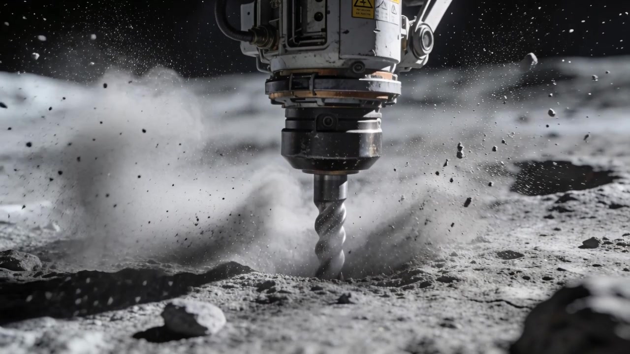 Braccio di trapano robotico con punta a spirale che scende, perforando la regolite lunare, espellendo un pennacchio e formando una cavità.