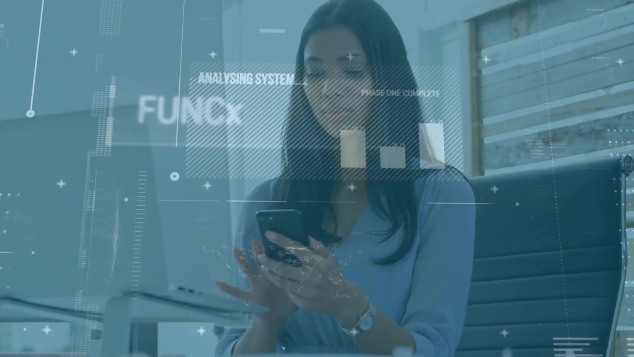 Animation of interface with data processing over african american woman using smartphone at office