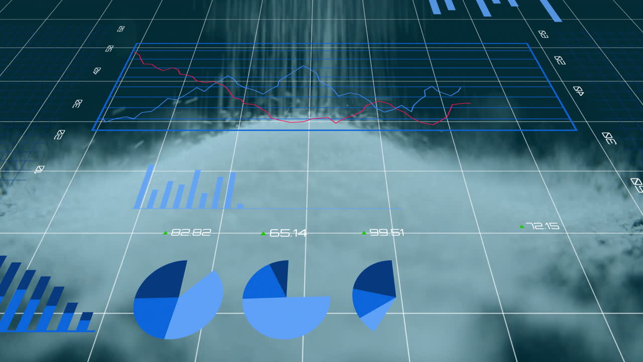 Large blue donut chart rotating over misty grid, showcasing 2D line graph, bar elements, pie charts