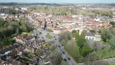 high angle panning shot warwick market town, warwickshire uk drone, aerial