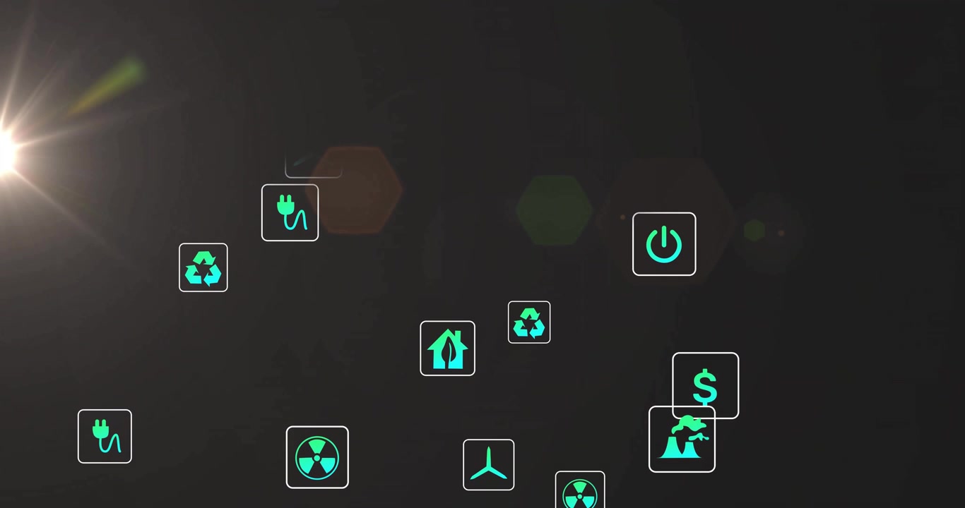 Ambient glow initiating neon icons sliding, grouping as lens flare pulsing to show energy network