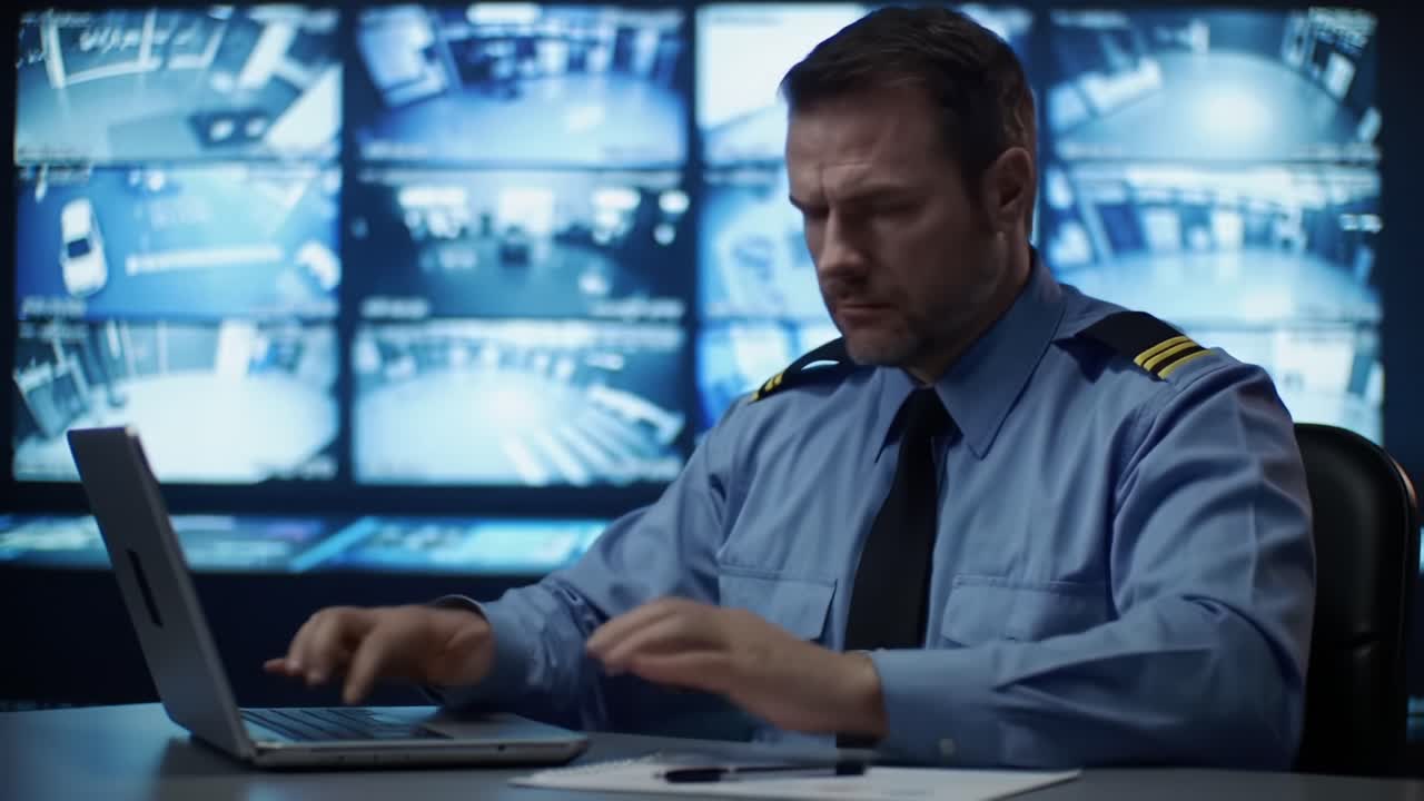 Security Officer Focused on Surveillance Monitoring and Analysis in a Control Room While Interacting with Technology and Observing Multiple Camera Feeds