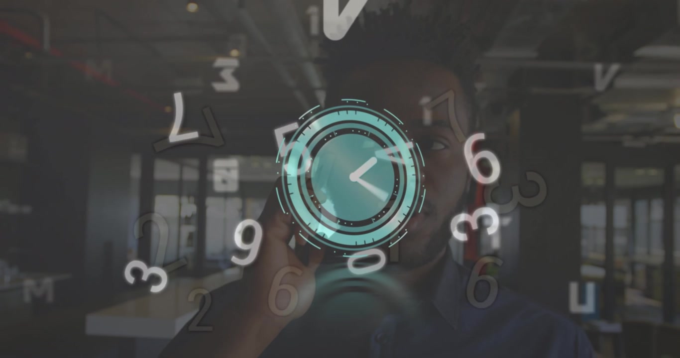 Animation of ticking clock and changing numbers over african american man talking on smartphone