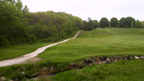 cinematic aerial establishing shot of golf course with stream