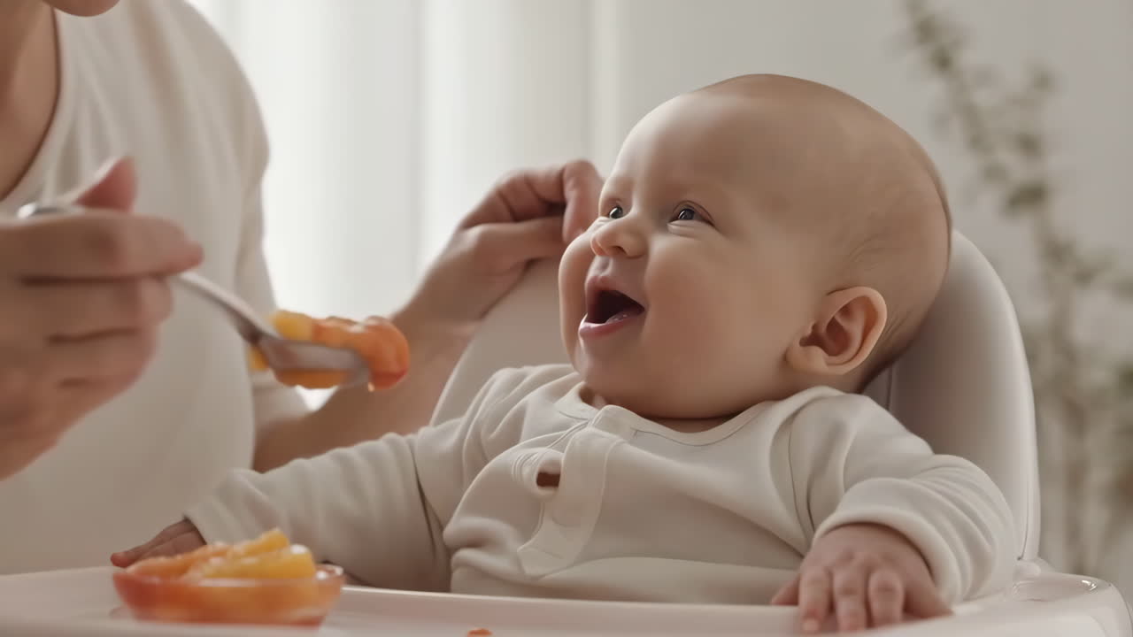 Mother feeding her happy baby pureed food in a high chair