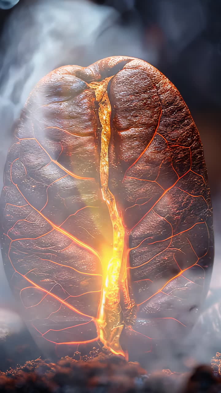 Glowing Coffee Bean Surrounded by Smoke at Dusk. A coffee bean emits a warm glow while surrounded by swirling smoke and scattered beans. Vertical video