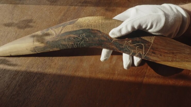 Un curatore museale con guanti bianchi esamina attentamente un boomerang aborigeno australiano decorato con arte tradizionale aborigena all'ocra, evidenziando la conservazione culturale e la tutela del patrimonio.
