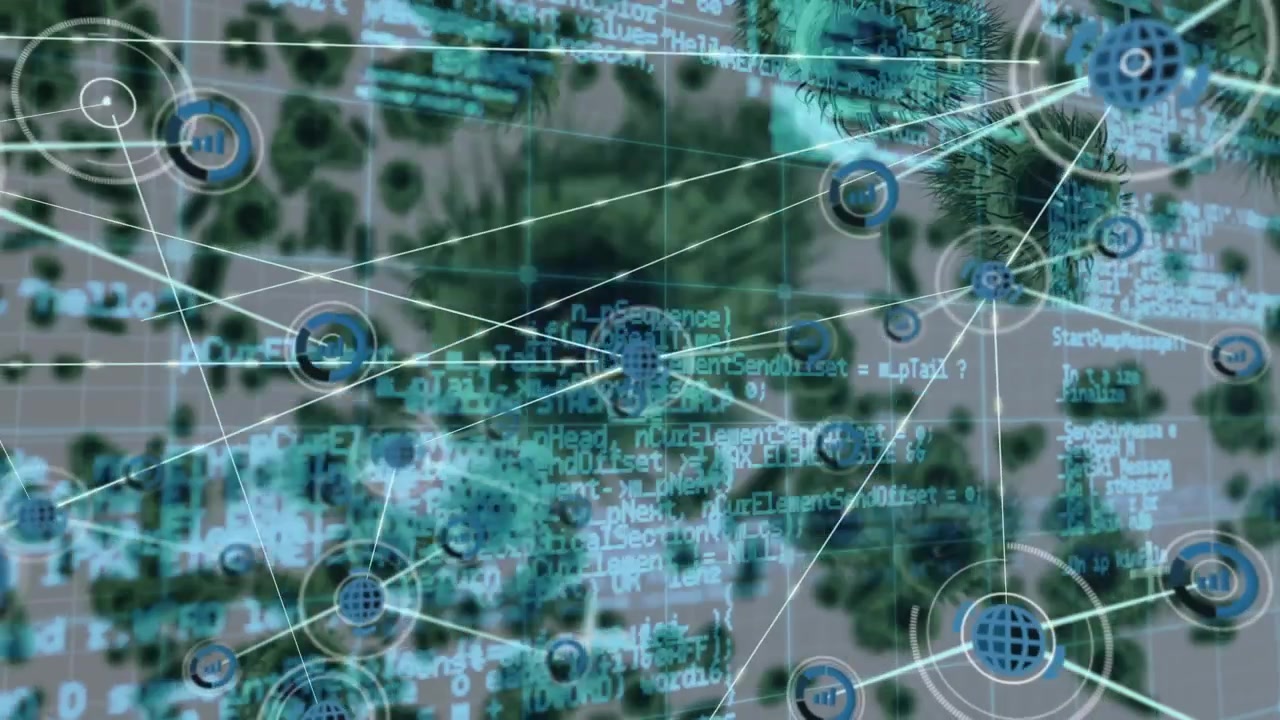 Animation of network of connections over virus cells and data processing