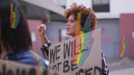 animation of rainbow hand over biracial male protester with banner