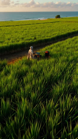 farmer working in a rice paddy by the sea