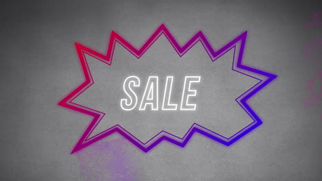 sale graphic in purple angular speech bubble on painted grey and pink background