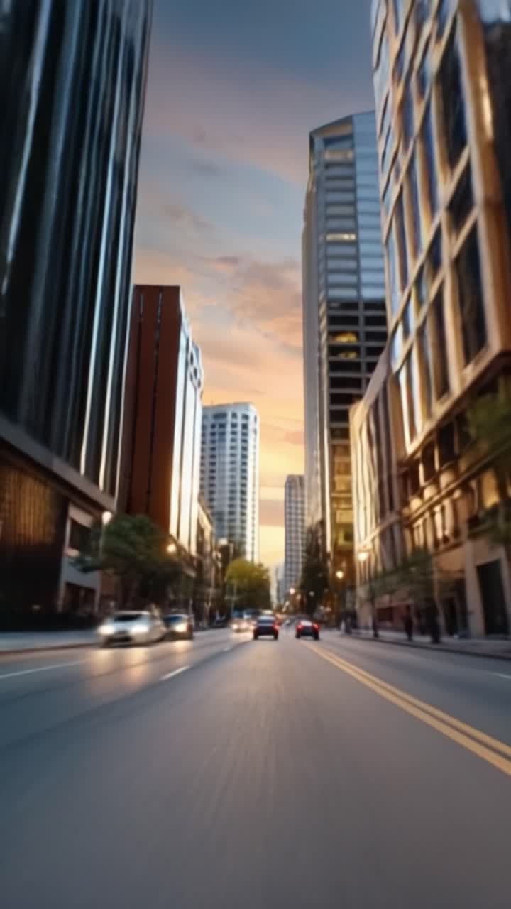 Paseo urbano dinámico: Una vista cautivadora de rascacielos de la ciudad bajo un vibrante atardecer, mostrando la energía y vida de las calles de una metrópolis moderna.