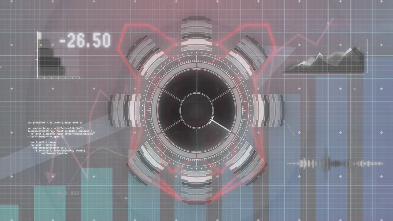 둥근 스캐너의 애니메이션과 보라색 바탕에 그리드 네트워크를 통해 통계 데이터 처리