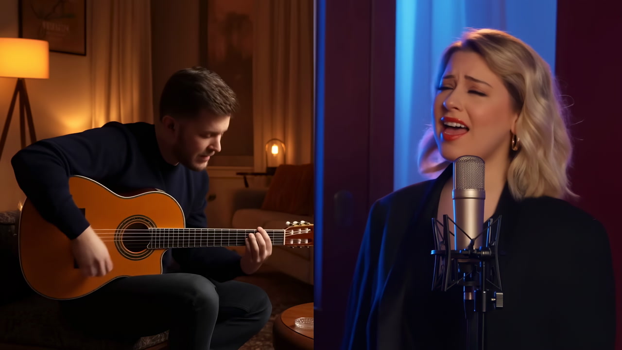 Intimate Studio Duet Caucasian Singer Guitarist, Vintage Microphone And Warm Lamp Glow, Blue Backlight, Male
