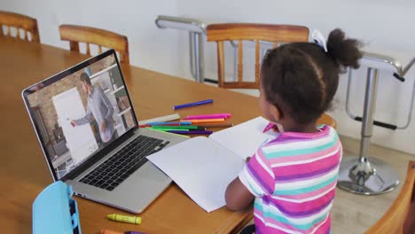 African-american-girl-doing-homework-while-having-a-video-call-with-male-teacher-on-laptop-at-home