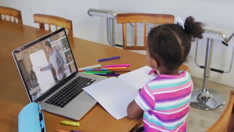 chica afroamericana haciendo la tarea mientras tiene una videollamada con un profesor masculino en una computadora portátil en casa