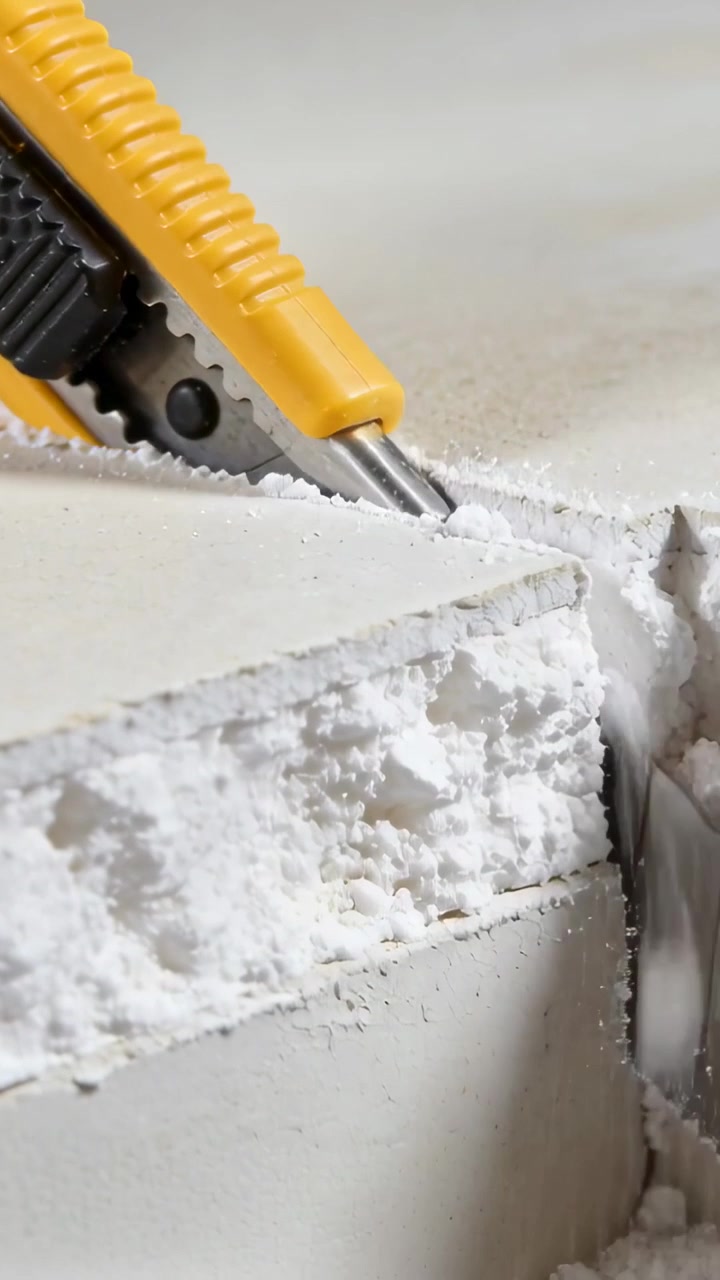 Vertical video: Pressing blade hand guiding knife cutting foam on table to smooth top, copy space