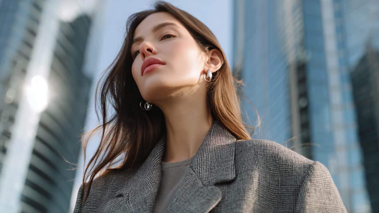 A confident young woman gazes upward against a backdrop of modern skyscrapers, embodying a sense of ambition and elegance in urban fashion