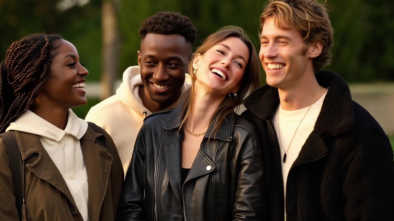 Amici felici e diversi che ridono e socializzano all'aperto