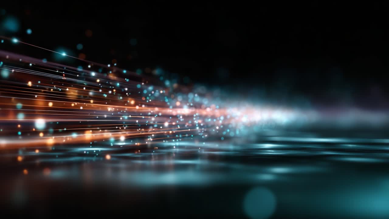 Flusso dinamico di particelle e linee luminose che creano una straordinaria rappresentazione visiva di luce e movimento, catturando l'essenza dell'arte digitale astratta