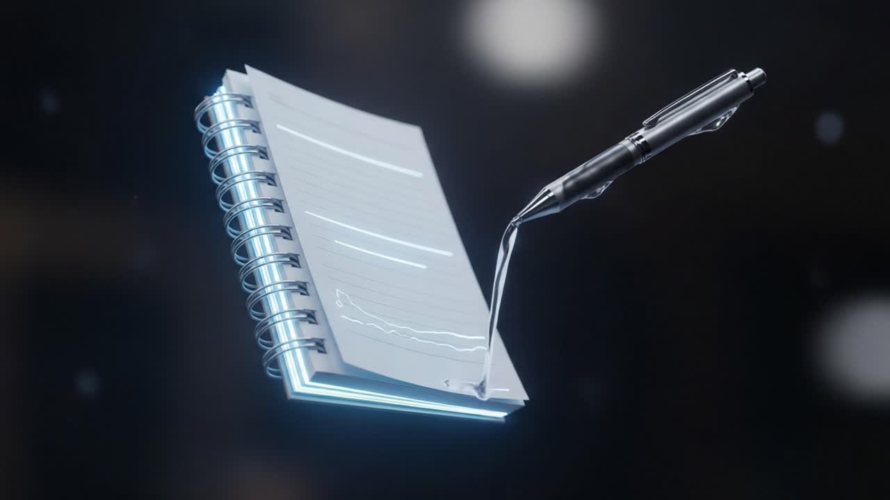 A Creative Journey: An Enigmatic Notebook with a Quill Pen Capturing Imagination Through Fluid Motion and a Vision of Inspiration