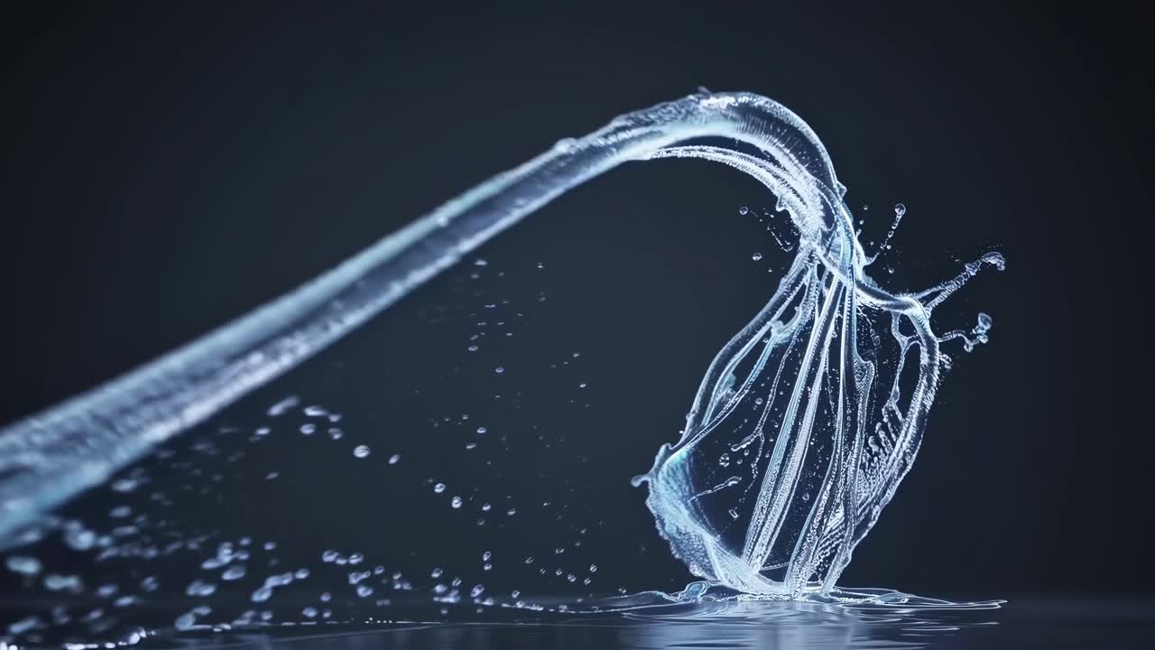 Dynamic abstract water splash art captured with high speed photography against a dark background showing intricate liquid movements and droplets
