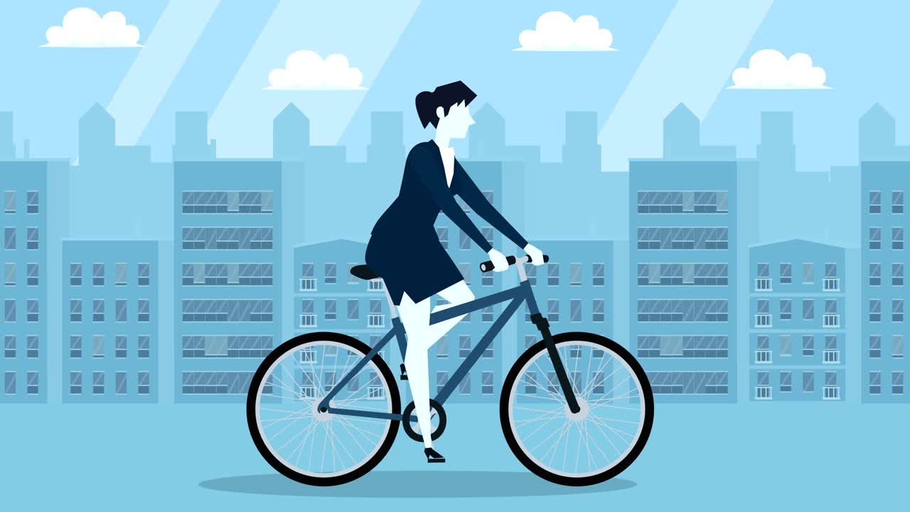 파란 스타일 사업가 자전거 타는 평평한 만화 캐릭터 애니메이션