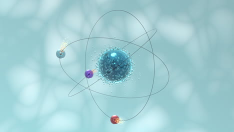 Motion of atom spheres with blue organic background, 3d rendering.