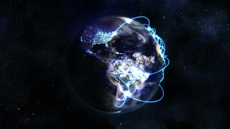 Verlichte aarde in beweging met blauwe verbindingen en bewegende wolken, aardafbeelding met dank aan Nasa