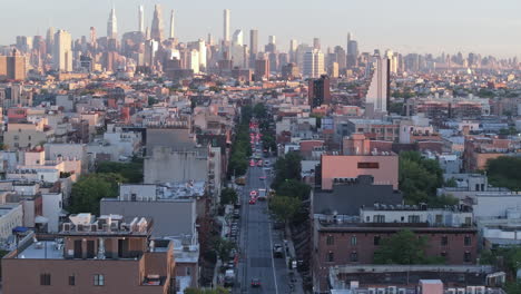 aerial view of new york city skyline at sunset