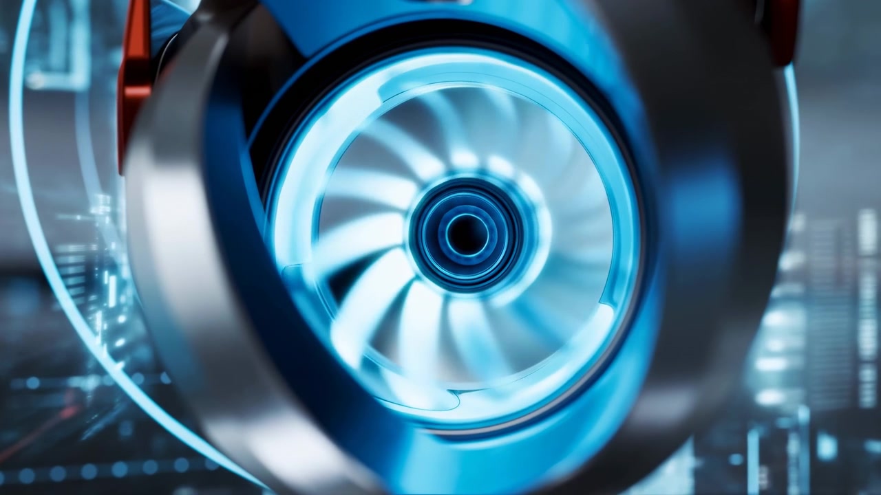 Close-up of a metallic turbine or fan centered in the frame, lit by vivid blue glow and surrounded by abstract digital motion blur. The scene suggests