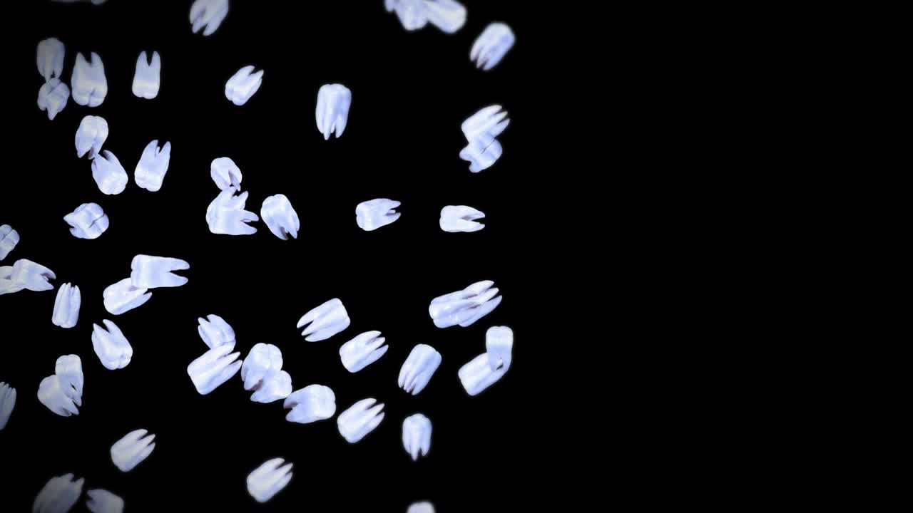 검은색 바탕에 많은  이빨을 날아다니며, 치과 관리 개념, 치아 회전의 3d 애니메이션, 루프 애니메이션.