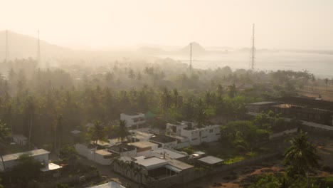 Hazy-sunrise-in-Kuta-Lombok,-Indonesia.-Aerial-shot