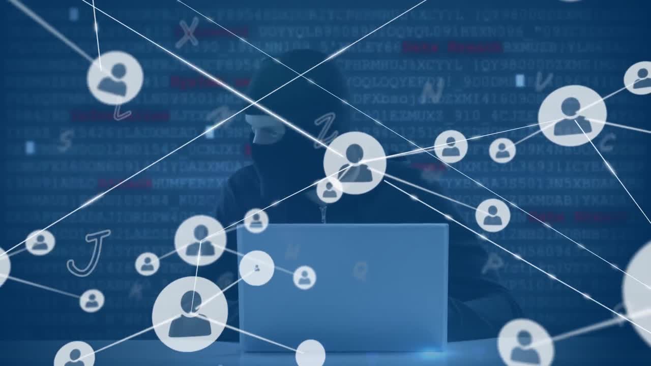 Animation of network of connections over hacker using computer