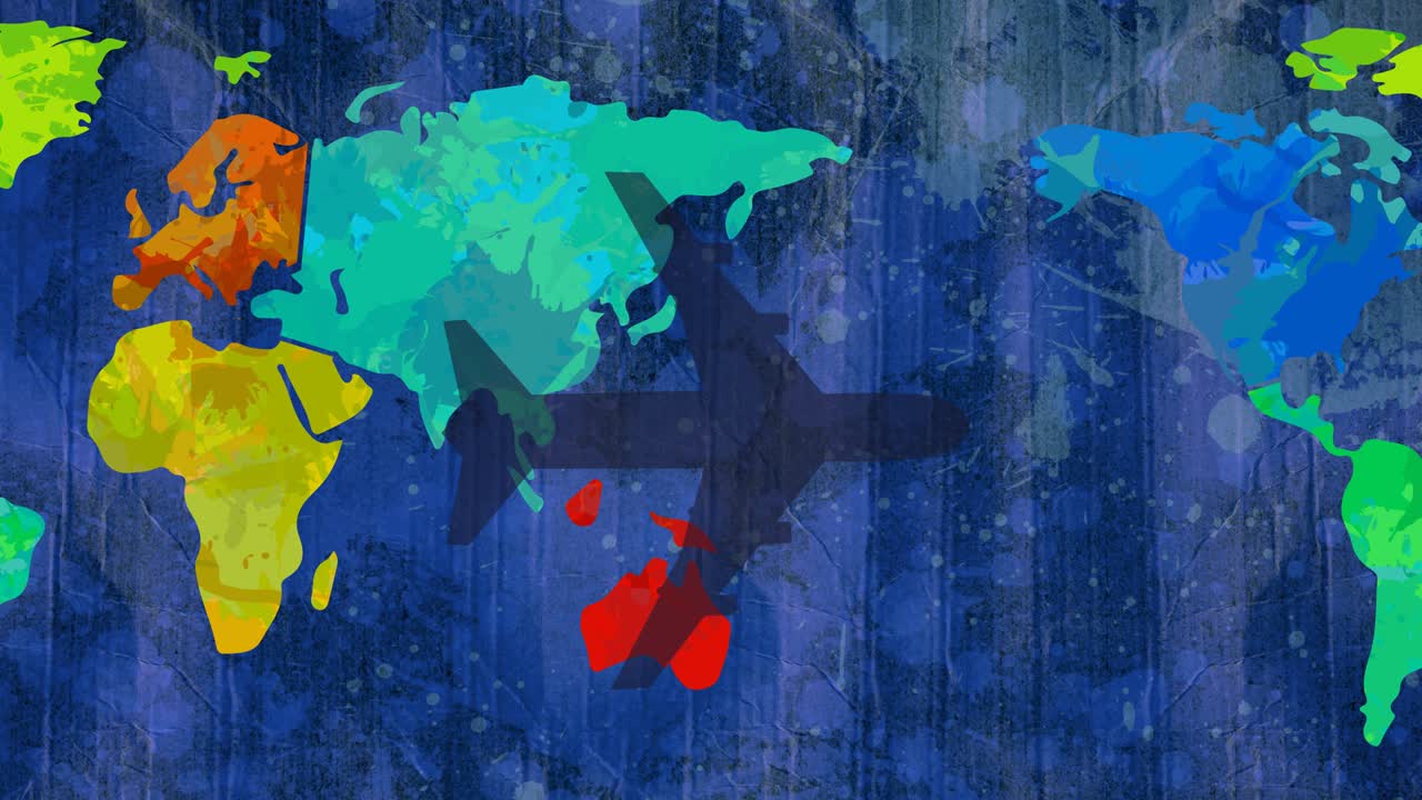 다채로운 세계 지도 위를 날아다니는 비행기 그림자의 애니메이션