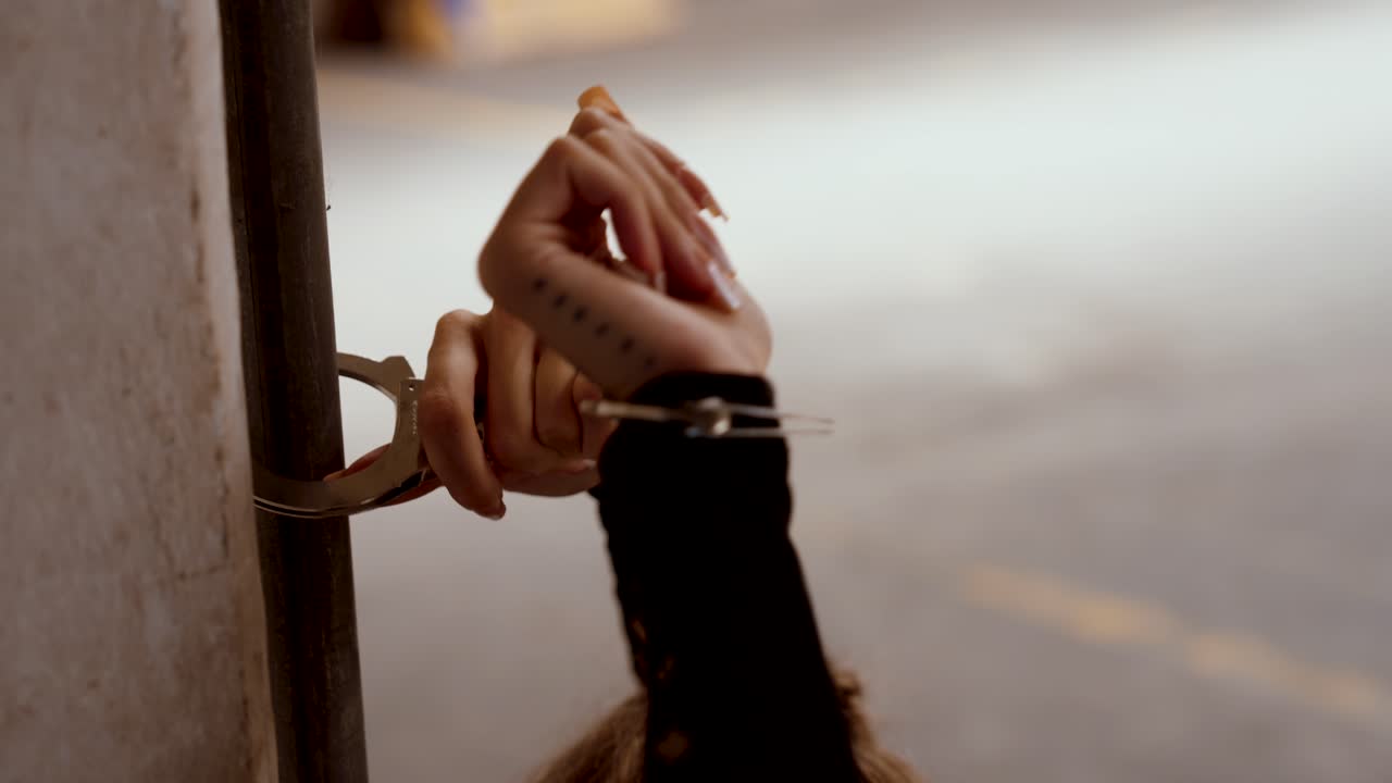 Tattooed woman handcuffed to a pillar in industrial warehouse struggling to escape, close up handcuffed