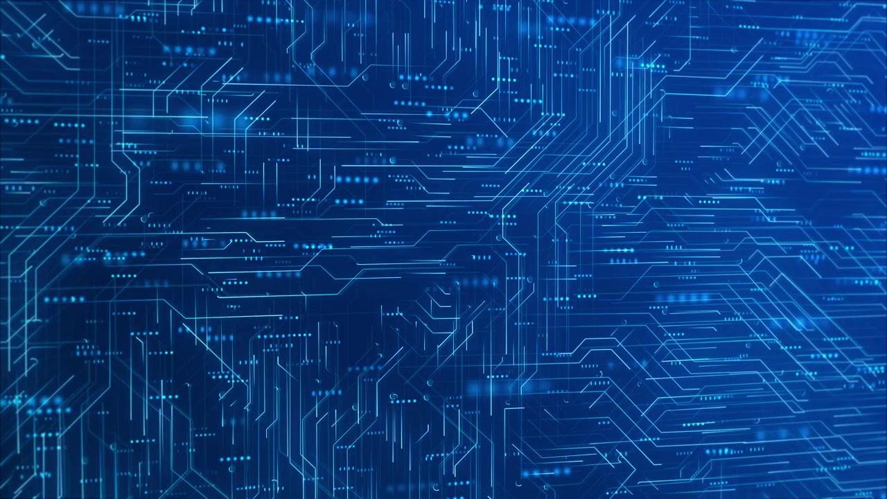 Glowing electronic circuit pattern visual with blue tech lines dotted nodes and dense digital board