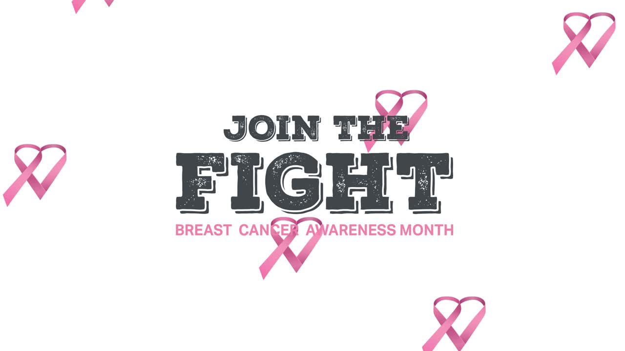 ⁇ 색 배경에 나타나는 유방암 텍스트 위에 떨어지는 여러 개의 분홍색 리본 로고의 애니메이션