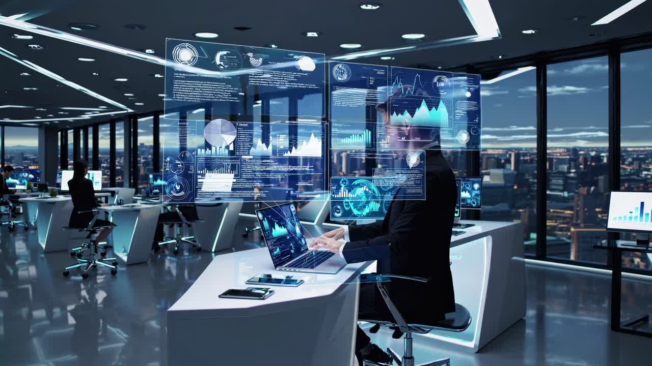 Futuristic office with digital interfaces overlay
