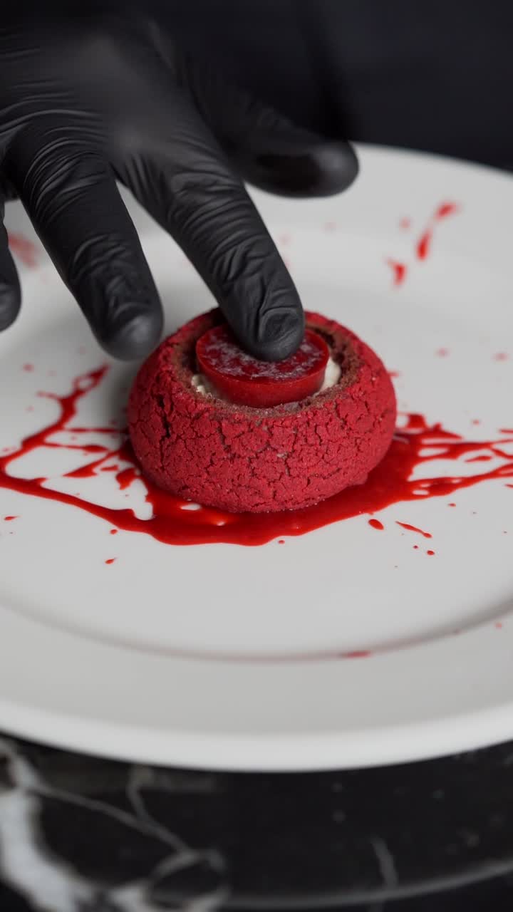 A chef prepares a red dessert on a white plate, adding filling inside a red velvet cake with sauce splashed around, close up shot. insert shot