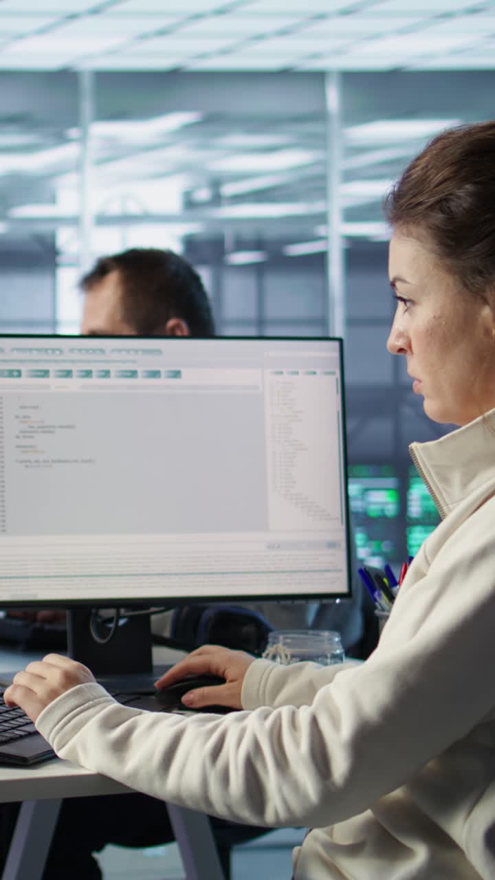 Kvinnelig programmerer taster kode på datamaskin på et datasenterkontor.