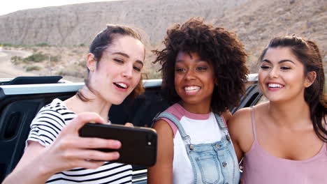 female friends taking selfies during a break on road trip