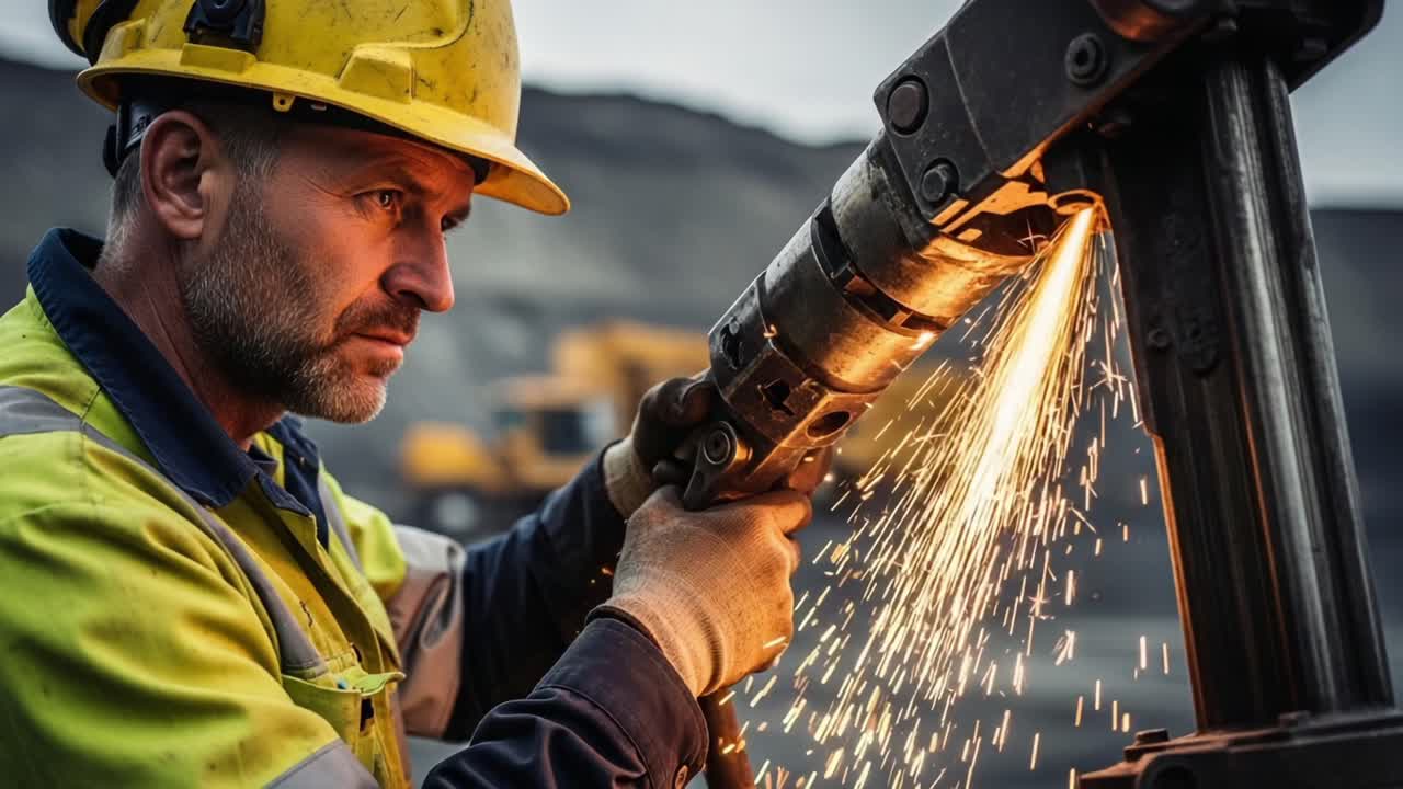 A Skilled Worker Prepares for Precision Machinery Operation, Creating Spark and Focus Amidst Industrial Worksite Challenges in a Dynamic Setting