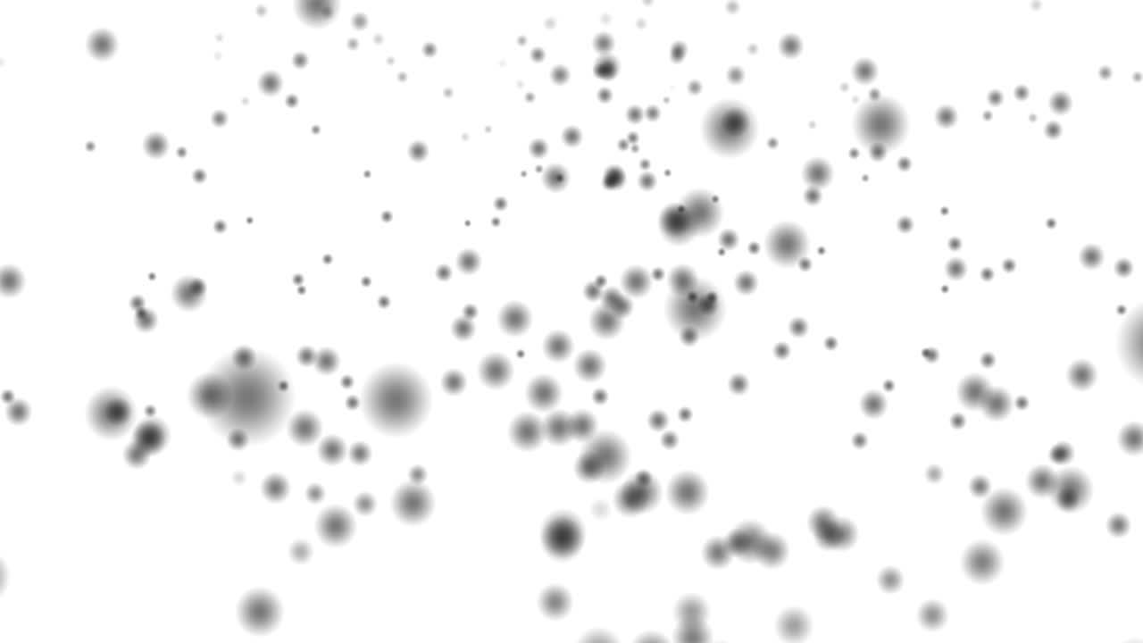 Cerchi neri sfocati bokeh che volano su sfondo bianco. Animazione in movimento di cerchi sfocati. Effetto sfocato. Composizione orizzontale, qualità video 4k