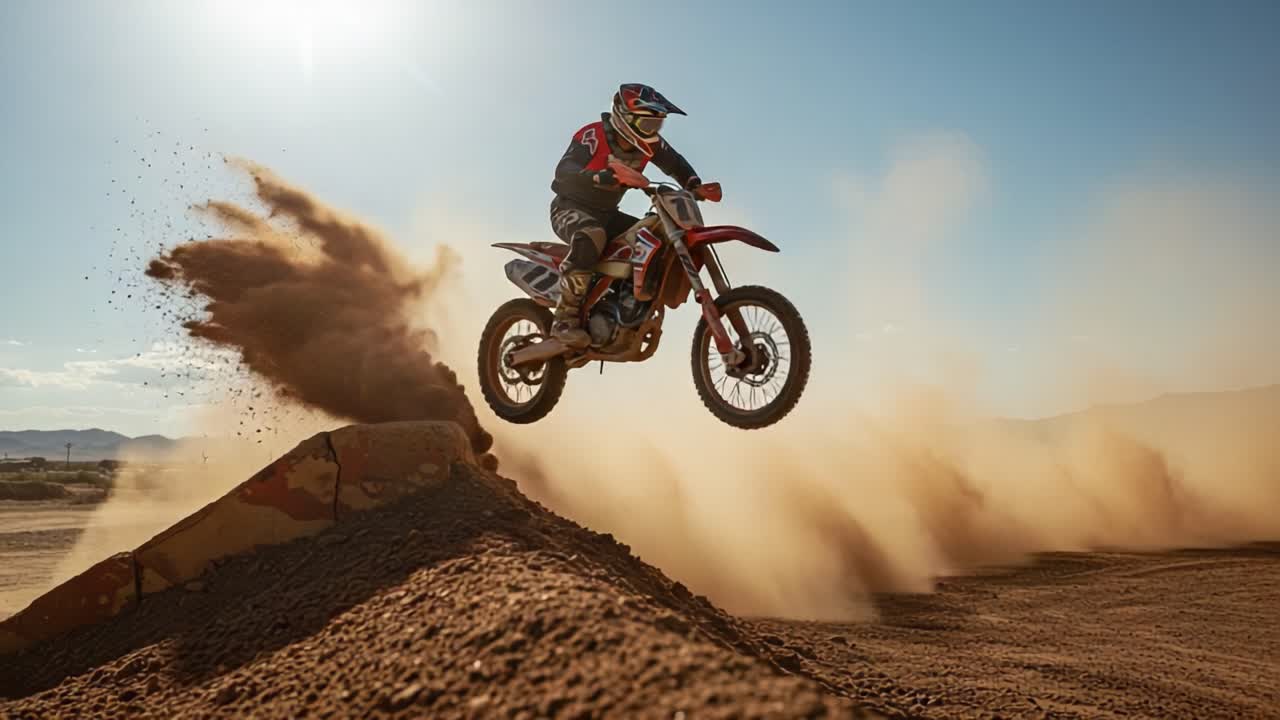 A motocross rider performs an impressive jump over a dirt mound, showcasing skill and thrill in a vibrant, dust-filled landscape under the blue sky