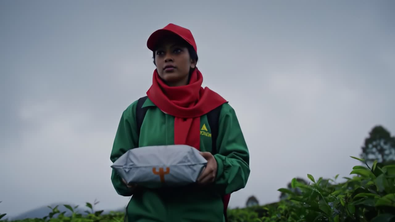 A woman wearing a green jacket and red scarf stands among tea bushes in a rural area, holding a bag as she prepares to pick fresh tea leaves during cloudy weather.