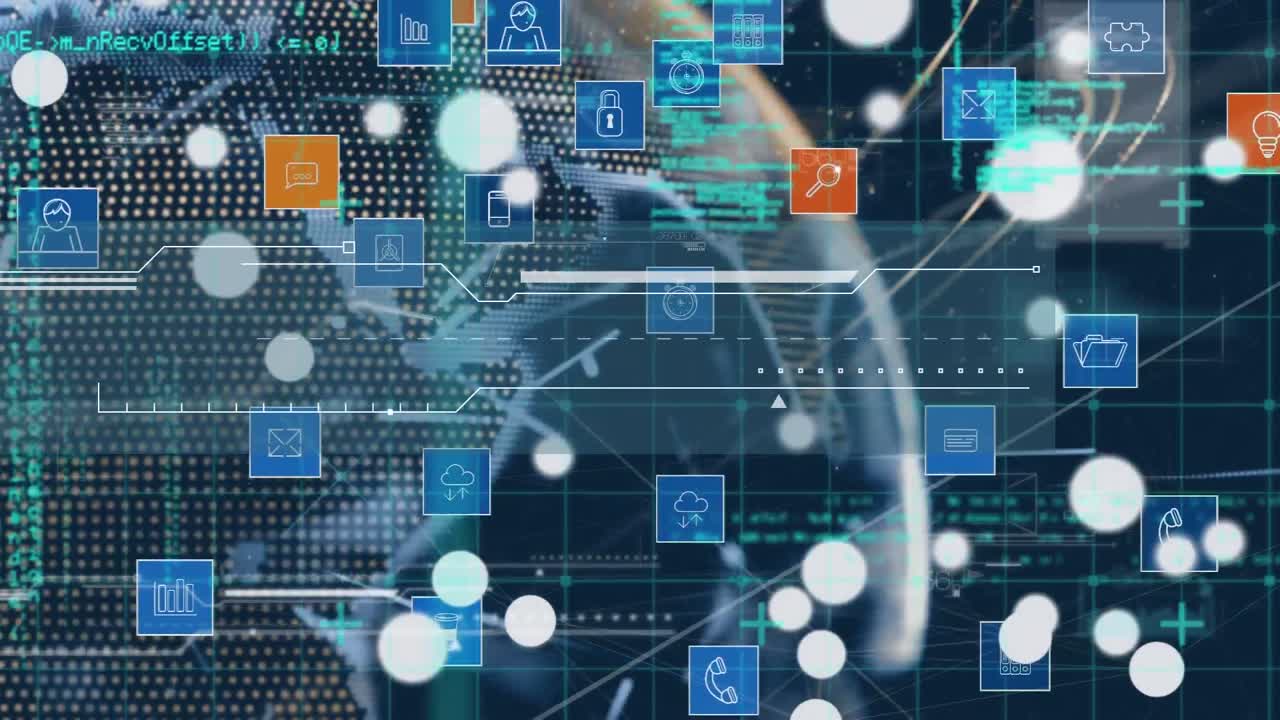 animación digital de múltiples iconos digitales en todo el mundo y procesamiento de datos en fondo azul