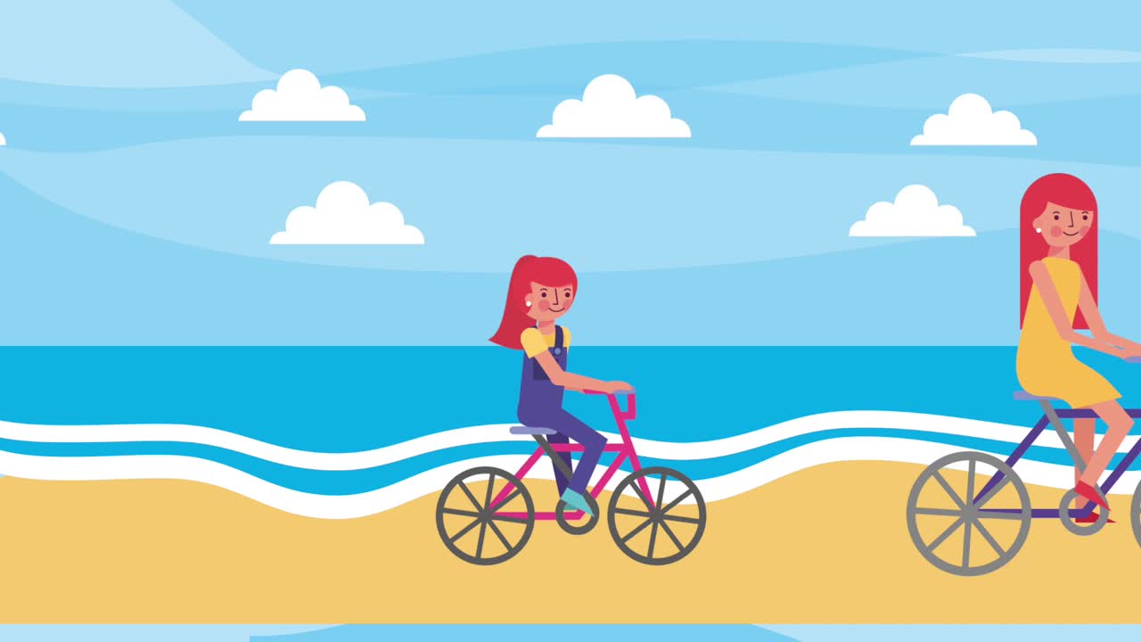 мама и дочь ездят на велосипеде на пляже.