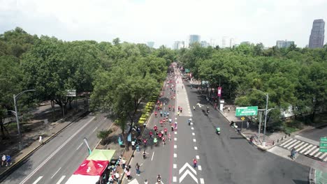 Rückwärts-Schnelle-Drohnenaufnahme-Der-Läufer-Des-Stadtmarathons-Beim-Durchlaufen-Der-Großen-Alleen