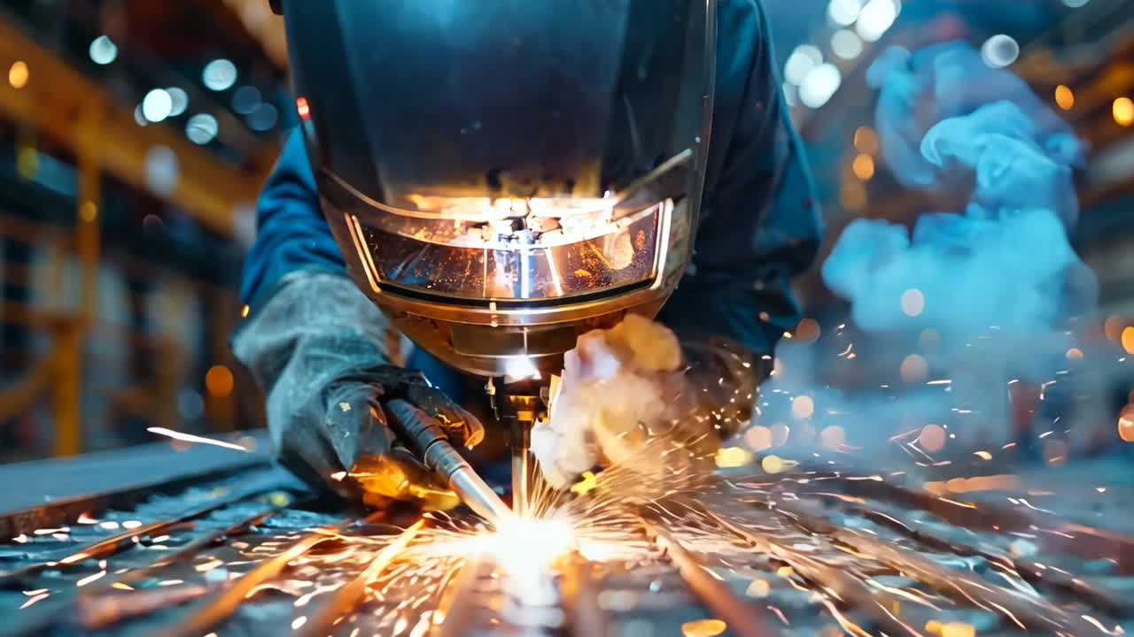 Welding Sparks Fly in Busy Industrial Workshop During Afternoon Shift. A skilled worker conducts welding tasks in a bustling industrial workshop